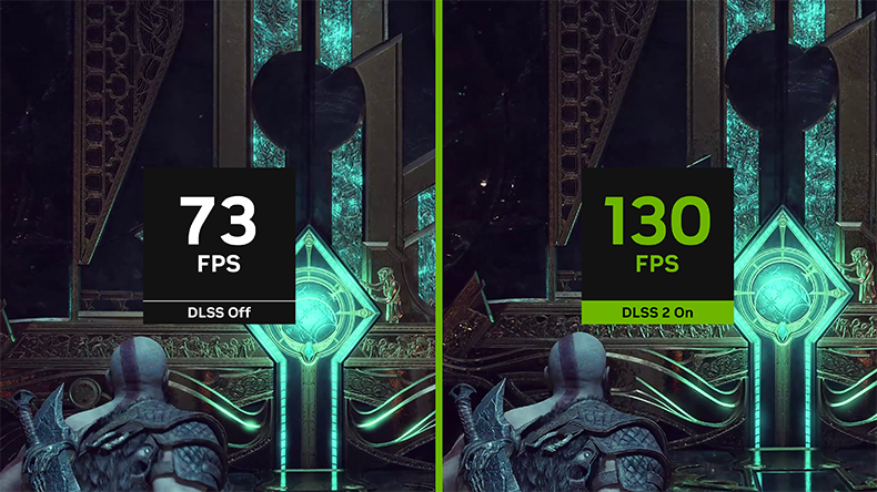 DLSS Super Resolution FPS comparison — 73 vs 130 FPS in God of War